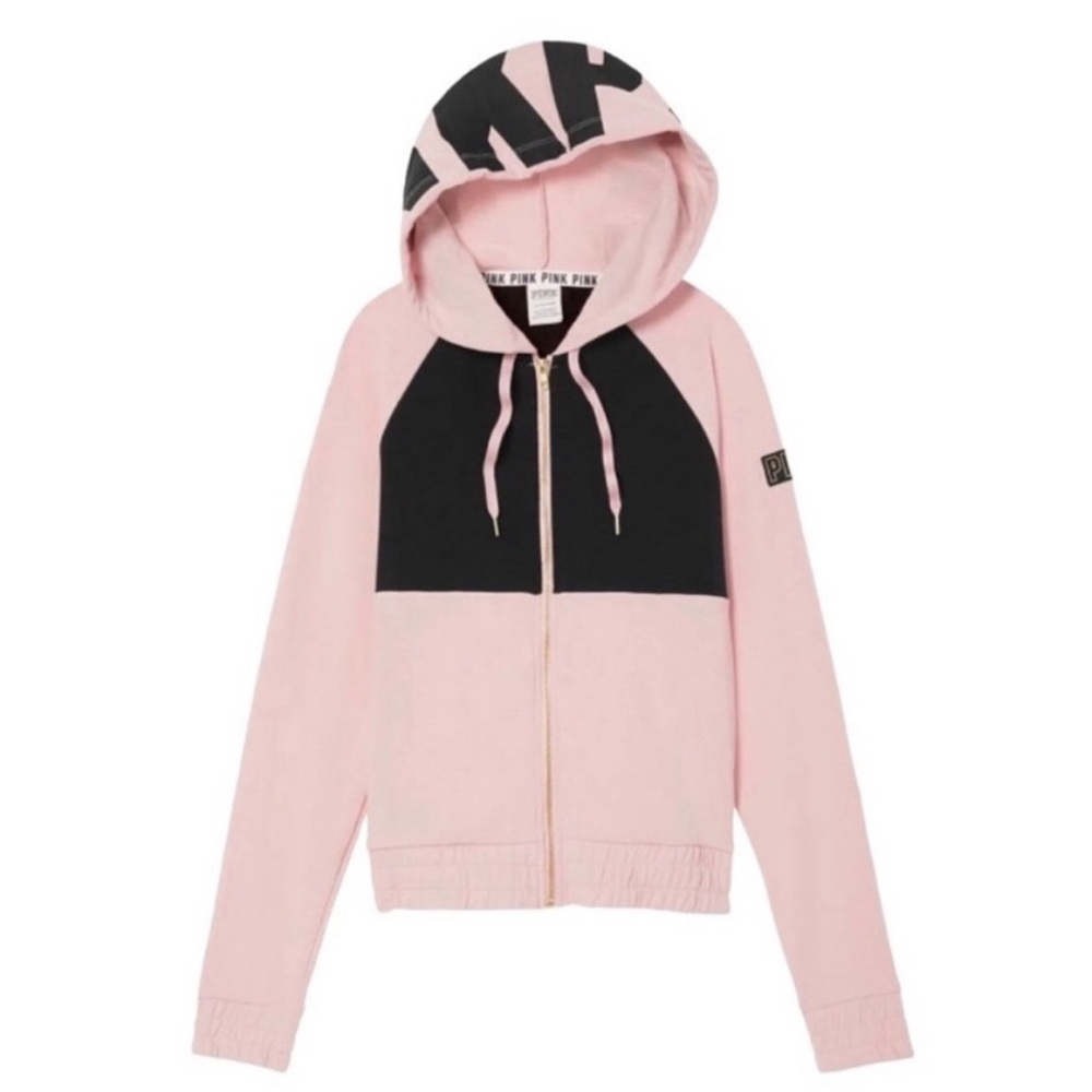 PINK Victoria’s Secret Colorblock Full Zip Hoodie Sweatshirt Jacket Pink Black
